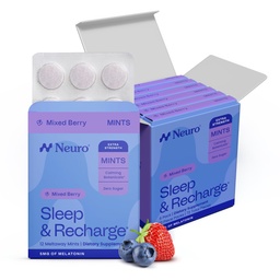 Neuro Melatonin 5mg Sleep & Recharge Mints (72 bitar) - Snabbupplöst Melatonin Sugar Gratis Mints med Lemon Balm & Chamomile för bättre sömn - Kalmsömn tillskott för vuxna - Natt Berry smak