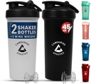 2 Pack 45 oz Protein Shaker Bottles med Wire Whisk - BPA-Free, Leak-Proof Shaker Cups för Protein Shakes & Smoothies - Stor Plast Mixer Bottle - Classic White & Midnight Black