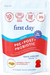Första dagen Teens Gut Sustainer Tribiotic Gummies - 3-i-1 Prebiotic, Probiotic & Postbiotic Supplement - Stöder Digestive, Skin, Oral & Immune Health, Nutrient Absorption & Growth - 30-Day Supply