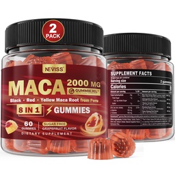 2 Pack Sugar Free Maca Root Gummies 2000mg med Ashwagandha, Tribulus Terrestris, Rhodiola, Panax Ginseng, L Arginine & L Tyrosine - Organic Black Red Yellow Maca Root för kvinnor Män Energistöd
