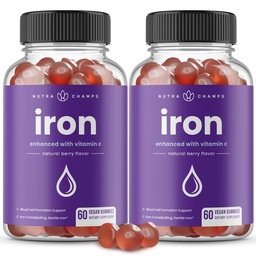 NutraChamps Iron Gummies med vitamin C, 20mg Iron Blood Cell Formation Support, 120 Gummies för järnbrist och anemi, energi, fokus, Immune Boost Pack på 2