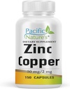 PACIFIC NATURE Zink Copper Supplement (150 kapslar) med 50mg Zink Gluconate, 2mg kopparsulfat för immunstöd - Glutenfri, icke-GMO