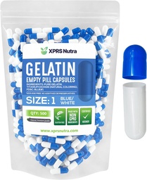 XPRS Nutra Size 1 Empty Capsules - 500 Count Empty Gelatin Capsules - Pill DIY Capsule Fyllning - Pure Bovine Pill Gel Caps for Do-It-Yourself Supplements (Blå / Vit)