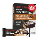 MUSASHI High Protein Bar, 45g Protein, <1g Total Sugars, Dark Chocolate & Salted Caramel, Post Workout och Protein Snack On The Go, 12 Pack av 3.2oz (90g) Bars
