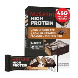 MUSASHI High Protein Bar, 45g Protein, <1g Total Sugars, Dark Chocolate & Salted Caramel, Post Workout och Protein Snack On The Go, 12 Pack av 3.2oz (90g) Bars