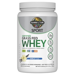 Garden of Life SPORT Whey Protein Powder Vanilla, Premium Grass Fed Whey Protein Isolate plus Probiotika för Immune System Health, 24g Protein, Non GMO, Gluten Free, Cold Processed - 20 portioner