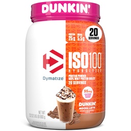 Dymatize x Dunkin' Mocha Latte ISO100 Whey Protein Powder, 95mg koffein, 25g protein, 5,5 g BCAA, 120 Cal., Gluten Free, 1g Fat, 1g Sugar, 3g Carb (20 portioner)
