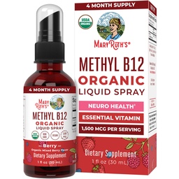 MaryRuth Organics Vitamin B12 Liquid Spray | Vegan, icke-GMO, Gluten-Free | USDA Organic Supplement | Energi & Nervous System Support | B12 Vitaminer för kvinnor och män | 1.500 mcg | 1 Fl Oz