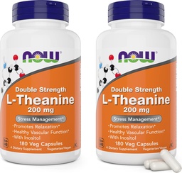 NOW Foods L-Theanine, Double Strength 200 mg Per Cap - 180 Veg Capsules (Pack of 2) (360 Total caps) - Förbättrad med 100mg Inositol - Vegetarian, icke-GMO - Ltheanine 200mg Supplement