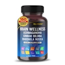 Brain Wellness Ginkgo Biloba Rhodiola Cordyceps Chamomile Ashwagandha Gotu Kola Bacopa Rosemary Holy Basil Black Pepper -150 kapslar - Made in USA