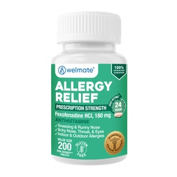WELMATE Allergy Relief - Fexofenadine HCl 180 mg - Non-Drowsy Antihistamine - 200 greve tabletter