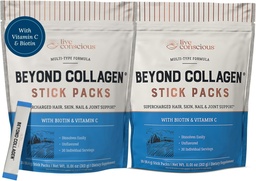 Live Conscious Beyond Collagen Peptides Powder Unflavored Packets-Hydrolyzed Collagen Powder-Hair Skin Nail & Joint Support - Multi Type Collagen Supplements for Women & Men 30 Pack (2pk)
