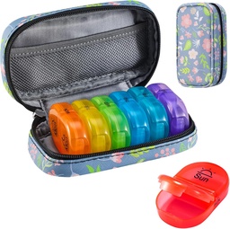 Serfeymi Weekly Travel Pill Organizer 2 Times A Day AM PM Uppgraderad Rainbow Pill Box 7 Dag med Portable Zipper PU Leather Pill Case, Medicine Organizer för piller, vitaminer, fiskoljor - Blomster 02