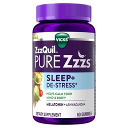 ZzzQuil PURE Zzzs De-Stress 2mg Melatonin Gummies, sömnhjälpmedel för vuxna, Ashwagandha för Stress Support, 60 Gummies