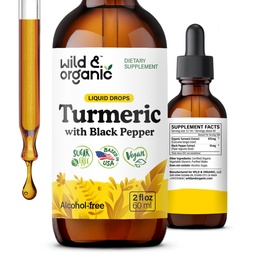 Wild & Organic Turmeric Supplement Liquid - Joint Support - Turmeric Curcumin med Black Pepper Extract - Curcumin Root Drops - Vegan, Sugar & Alkoholfri Tinktur - 2 fl oz