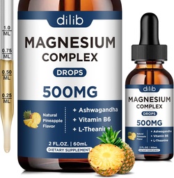 Triple Magnesium Complex Supplement-Magnesium Glycinate, Citrate, Malate Liquid Drops 500mg med Ashwagandha, L-Theanine, Vitamin B6 för Calm, Stress Relief, Sleep, Muscle Support-Pineapple smak