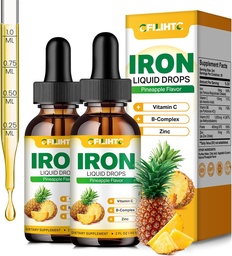 Flytande järntillskott för kvinnor män och barn multivitamin järn droppar med folat, vitamin C, B6, B12, Zink för anemi, järnbrist, blodbyggare, energi - naturlig ananas smak, Vegan 4 Oz