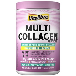 Multi Collagen Peptides Powder Typ I II III V X, Hydrolyzed Collagen Protein för kvinnor och män, hud, hår, naglar, icke smaksatt, icke-GMO, Keto & GF, Zero Sugar, 22 portioner, 8oz
