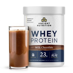Ancient Nutrition Grass Fed Whey Protein, Milk Chocolate, 23g Protein, 20 portioner, Hydrolysed Collagen Peptides, Organic Regenerative A2/A2 Milk Protein