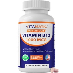 Vitamatic Vitamin B12 1000 mcg Fast Dissolve – 365 tabletter – Natural Berry Flavor – Stöder Energi Metabolism & Nervous System Health
