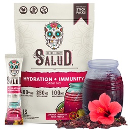 Salud 2-i-1 Hydration Packets + Immunity Electrolytes Powder, Hibiscus - Jamaica Agua Fresca Drink Mix, Elderberry, Dairy & Soy Free, Non-GMO, Gluten Free, Vegan, Low Calorie, 1g Sugar (15 portioner)