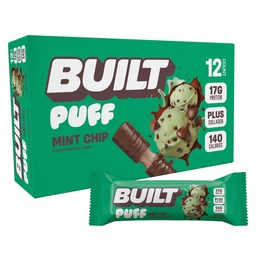 Byggd Bar, Puff Protein Bars, Mint Chip Puff, 17g Protein Snacks, On-The-Go Bars, Endast 140 kalorier, 6g socker, Collagen, Gluten Free, 12 Count